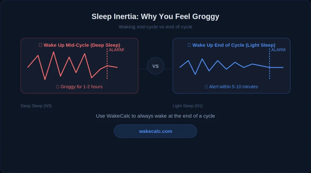 sleep inertia explained — waking mid cycle vs end of cycle diagram
