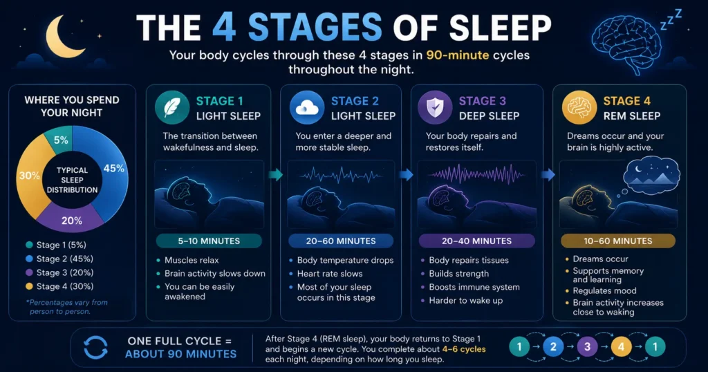 sleep stages during an 8 hour sleep cycle